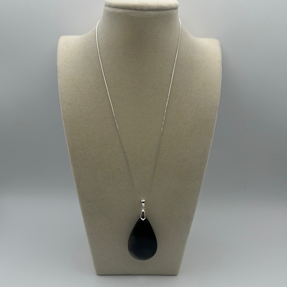 Natural Silver Sheen Black ObsidianTeardrop Pendant Necklace - Picture 2 of 8